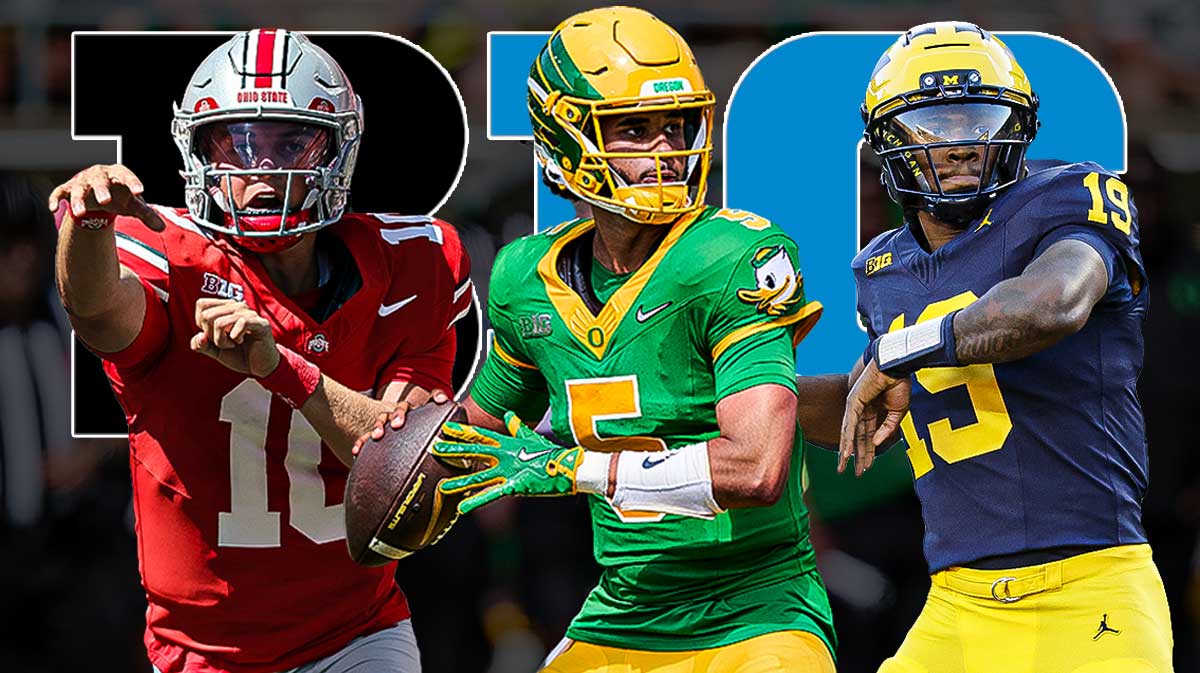 Big Ten Power Rankings, Week 2 Big Ten Football Power Rankings, Big Ten, Big Ten Football Power Rankings, Power Rankings, Julian Sayin, Dante Moore, Bryce Underwood in respective team uniform, football background, Big Ten logo on graphic
