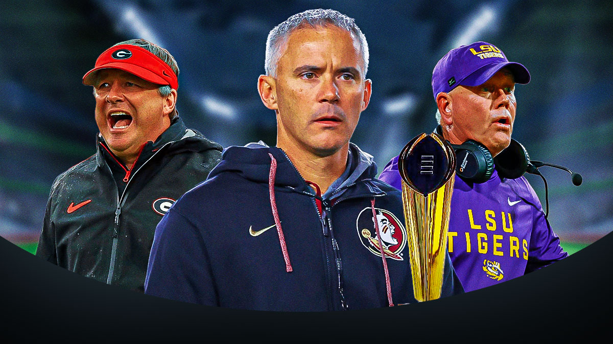 College Football Playoff predictions, College Football Playoff, Week 2 College Football Playoff predictions, CFP, CFP predictions, Mike Norvell, Kirby Smart and Brian Kelly in respective team's gear, CFP trophy on graphic, football background