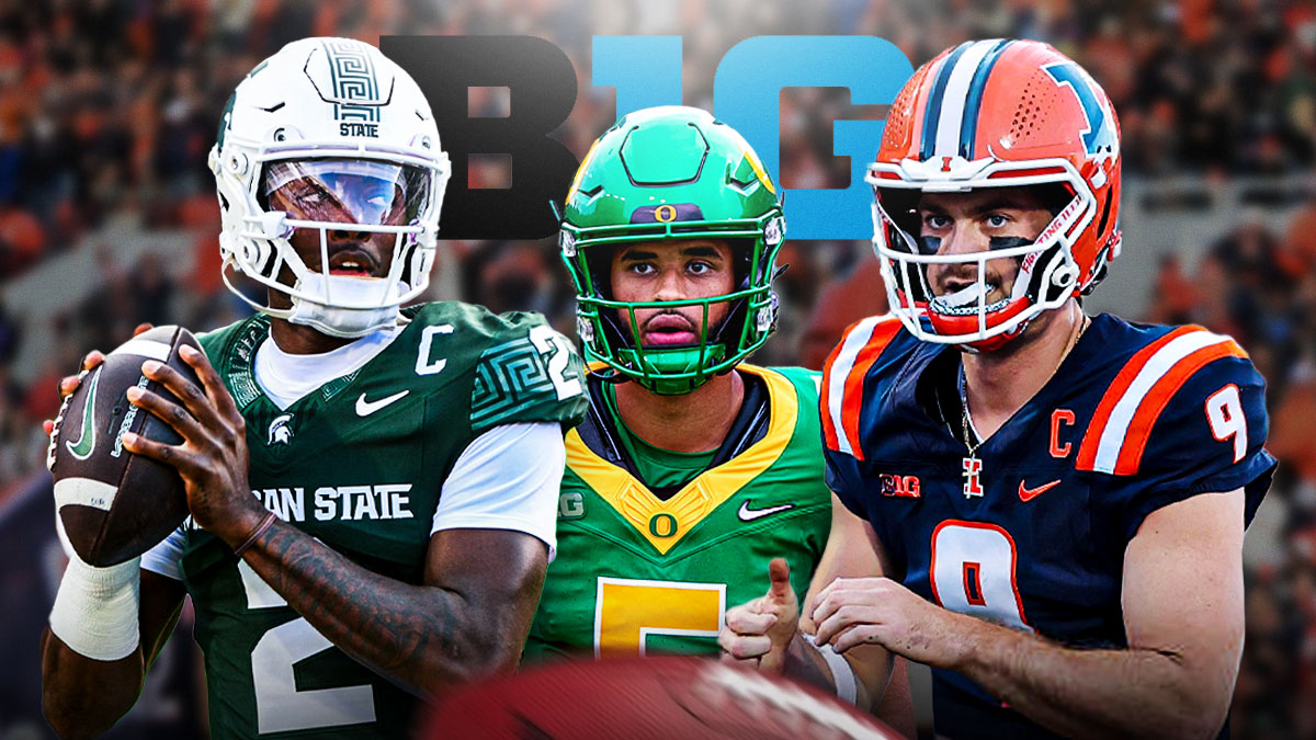 Big Ten Power Rankings, Big Ten, Week 3 Big Ten Football Power Rankings, Big Ten Football Power Rankings, Week 3 Big Ten Power Rankings, Aidan Chiles, Dante Moore and Luke Altmyer in respective team uniform with Big Ten logo on graphic, football background