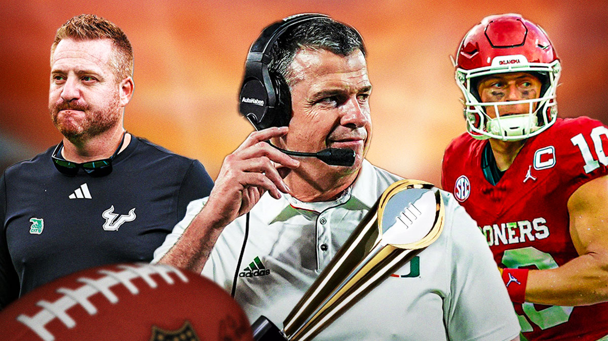 College Football Playoff predictions, Week 3 College Football Playoff predictions, College Football Playoff, CFP, CFP predictions, Mario Cristobal Iin Miami gear), John Mateer (in Oklahoma uni) and Alex Golesh (in UCF gear) with CFP trophy above them on graphic. Football background