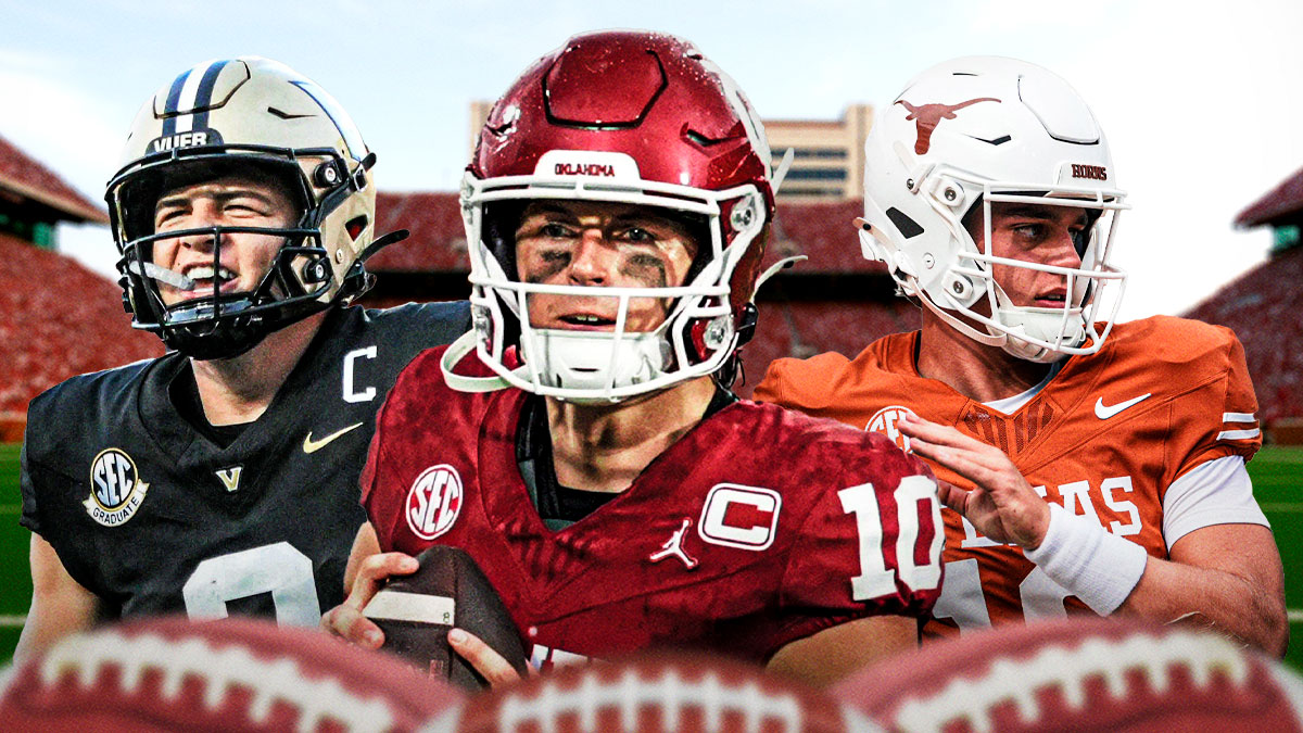 John Mateer (Oklahoma Jersey) in the center, Arch Manning and Diego Pavia on the outsides. SEC bold predictions