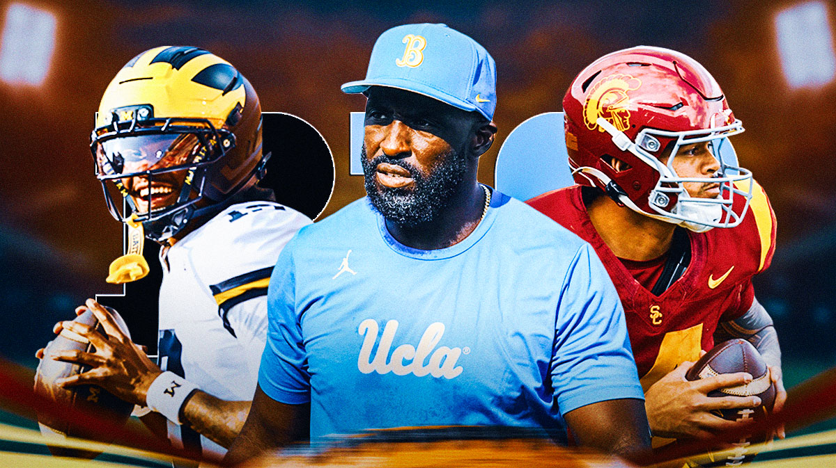 Big Ten Football Power Rankings, Big Ten, Week 4 Big Ten Football Power Rankings, Big Ten Power Rankings, Week 4 Big Ten Power Rankings, DeShaun Foster (in UCLA gear), Jayden Maiava (in USC uni) and Bryce Underwood (in Michigan uni), Big Ten logo on graphic, football background