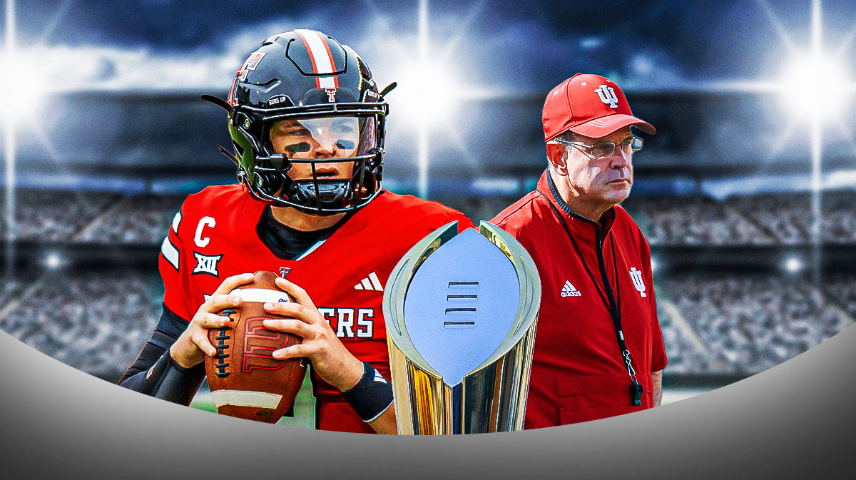 College Football Playoff predicitions, CFP predictions, College Football Playoff, Week 5 College Football Playoff predictions, CFP, Behren Morton (in Texas Tech uni), Curt Cignetti (in Indiana gear), CFP Trophy on graphic, football background