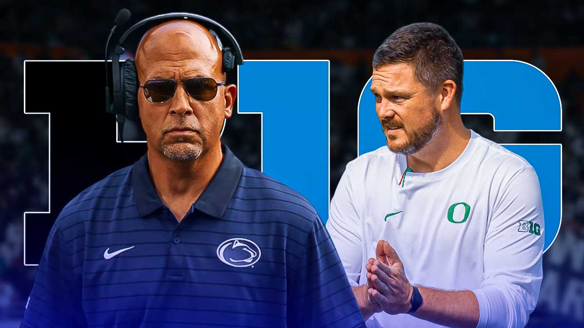 Big Ten Football Power Rankings, Big Ten, Week 6 Big Ten Football Power Rankings, Week 6 Big Ten Power Rankings, Big Ten Power Rankings, Dan Lanning in Oregon gear looking hype, James Franklin in Penn State gear looking upset, Big Ten logo on graphic, football background
