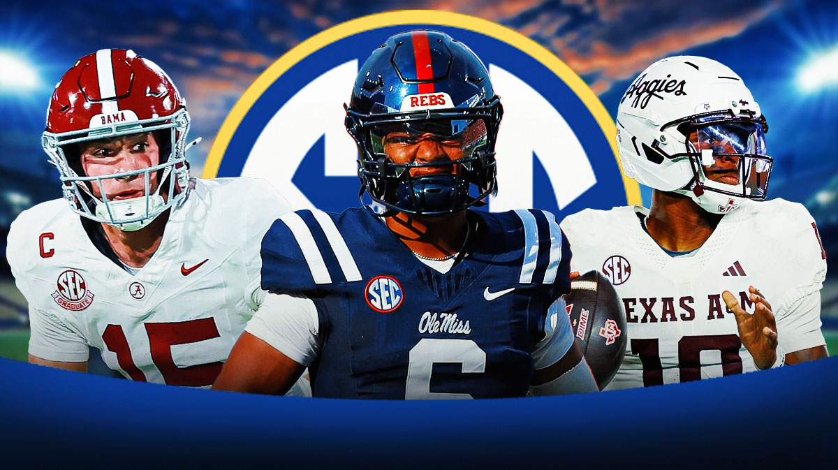 Trinidad Chambliss in the center, Marcell Reed and Ty Simpson on the outsides, SEc logo in the background.