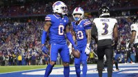 Buffalo Bills wide receiver Keon Coleman (0) celebrates a touchdown during the fourth quarter against the Baltimore Ravens at Highmark Stadium.