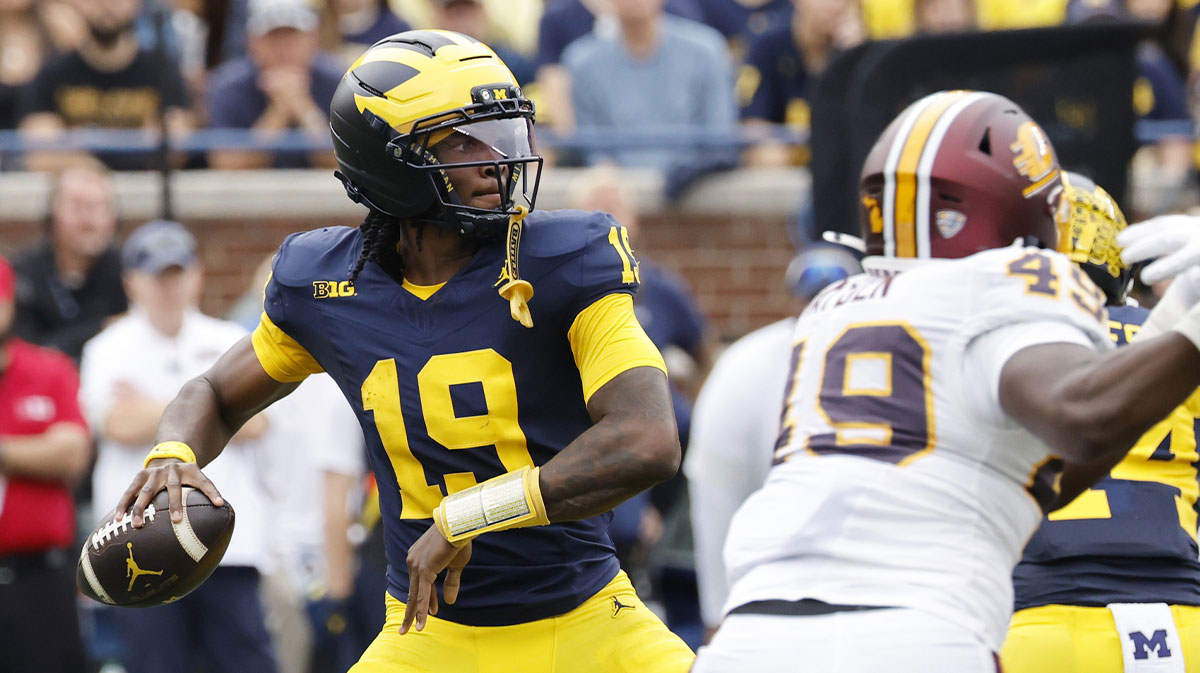 Michigan Wolverines quarterback Bryce Underwood (19) passes in the first half against the Central Michigan Chippewas at Michigan Stadium.