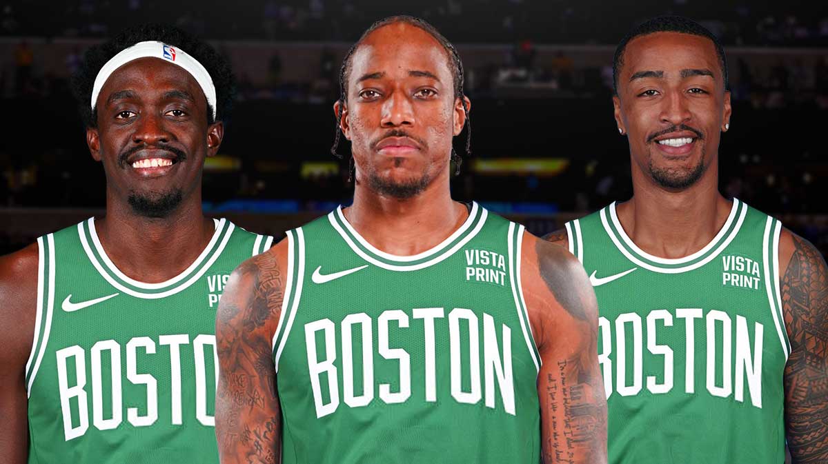 Pascal Siakam, DeMar DeRozan and John Collins in the Celtics jersey with a single question mark in the top middle. 3 Boston Celtics trade targets to keep an eye on in 2025-26 NBA season