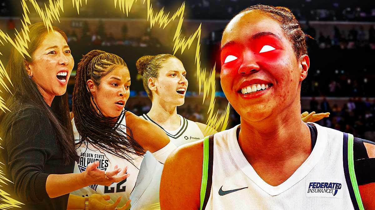 Valkyries' Natalie Nakase, Veronica Burton, and Cecilia Zandalasini fired up with anime power-up aura surrounding them while Napheesa Collier smiling with glowing red eyes looms over them.