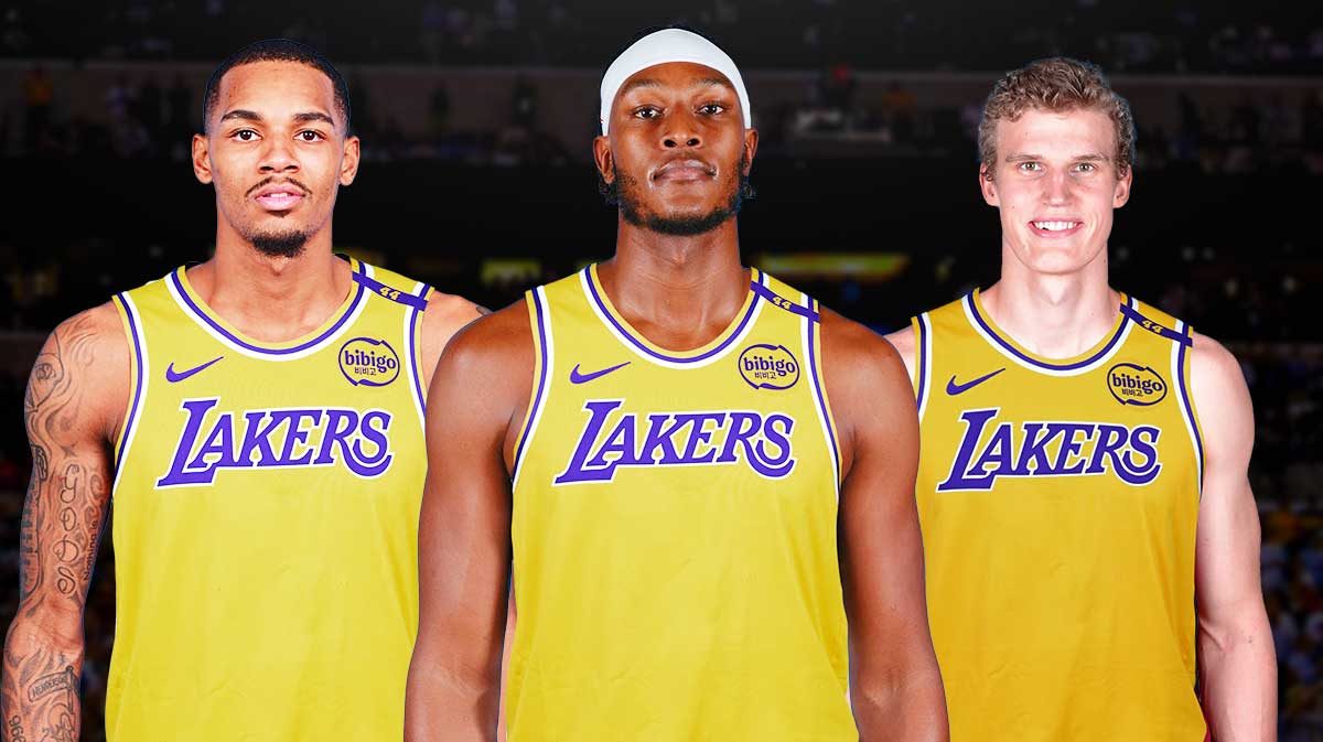 Dejounte Murray, Myles Turner, and Lauri Markkanen in Lakers jersey with a question mark at the top. 3 Los Angeles Lakers trade targets to keep an eye on in 2025-26 NBA season