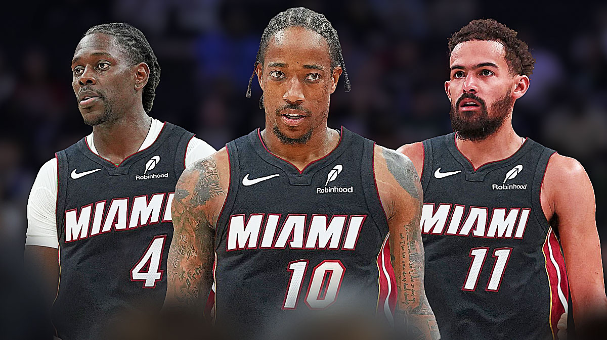 GFX-DeMar DeRozan(10), Jrue Holiday(4), Trae Young(11) in the heat jersey with the jersey numbers mentioned in brackets. 3 Miami Heat trade targets to keep an eye on in 2025-26 NBA season