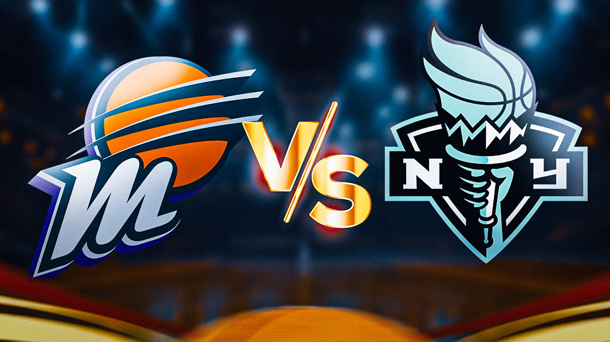 The Phoenix Mercury logo, with the letters "VS" next to it. Next to the "VS" letters, is the New York Liberty logo. There's also a background of the 2025 WNBA Playoffs