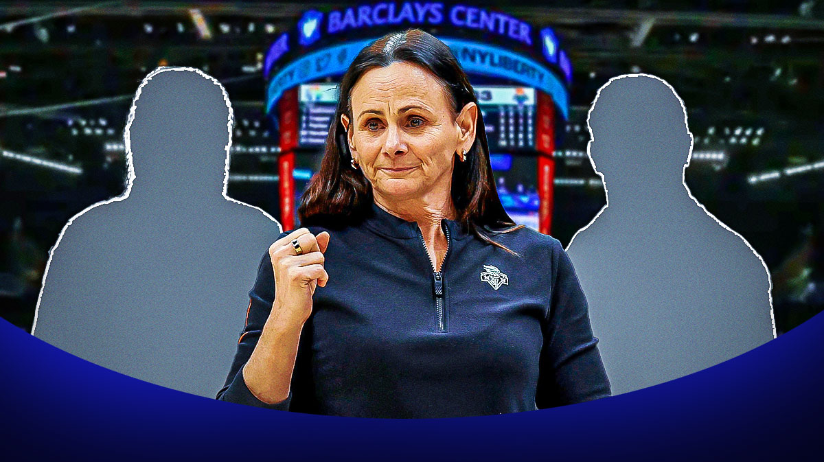 Former Liberty coach Sandy Brondello in the center with silhouettes of Teresa Weatherspoon and James Wade on each side of her. Barclays Center interior background.