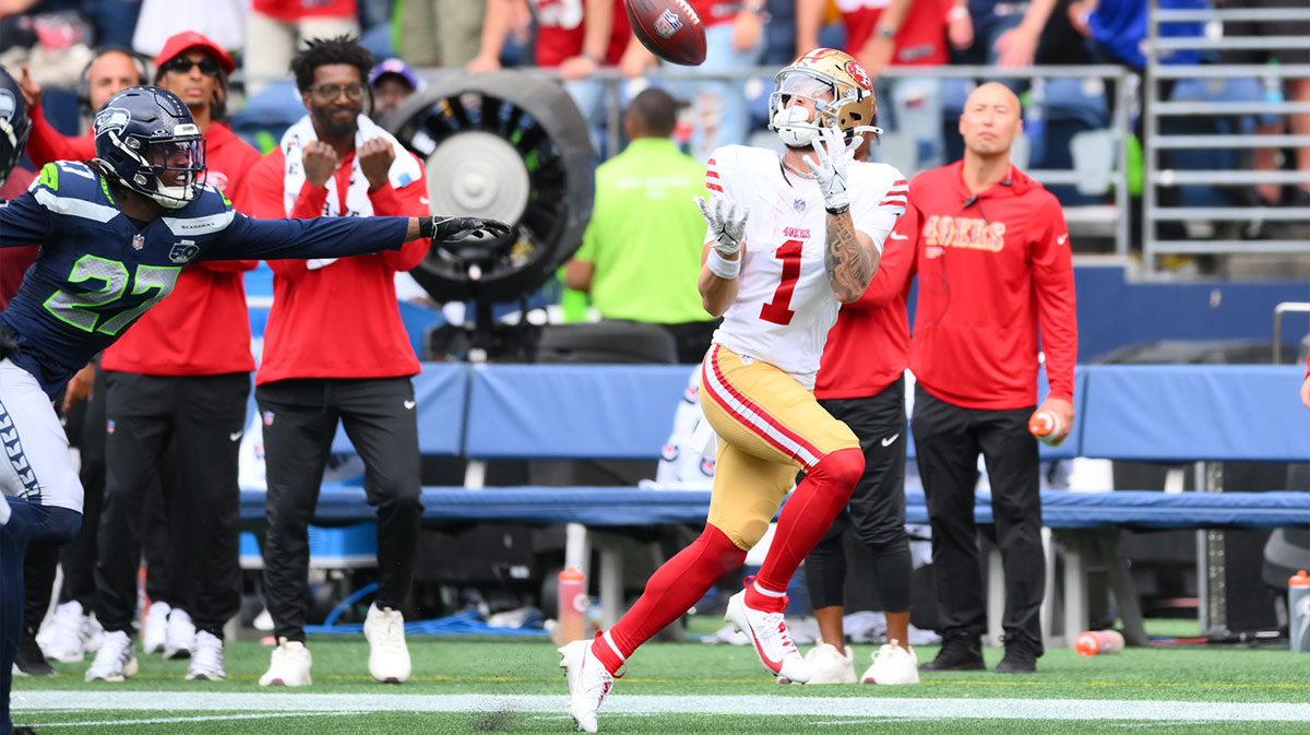 San Francisco 49ers wide receiver Ricky Pearsall (1) catches a pass during the second half against the Seattle Seahawks at Lumen Field.