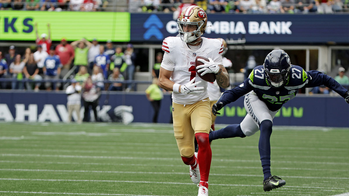 San Francisco 49ers wide receiver Ricky Pearsall (1) runs the ball during the second half against the Seattle Seahawks at Lumen Field.