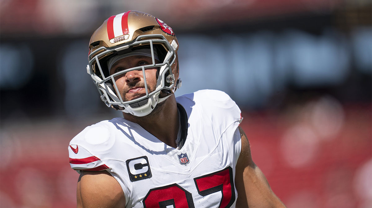 San Francisco 49ers defensive end Nick Bosa (97) on the field during warm ups prior to a game against the Arizona Cardinals during the first half at Levi's Stadium.