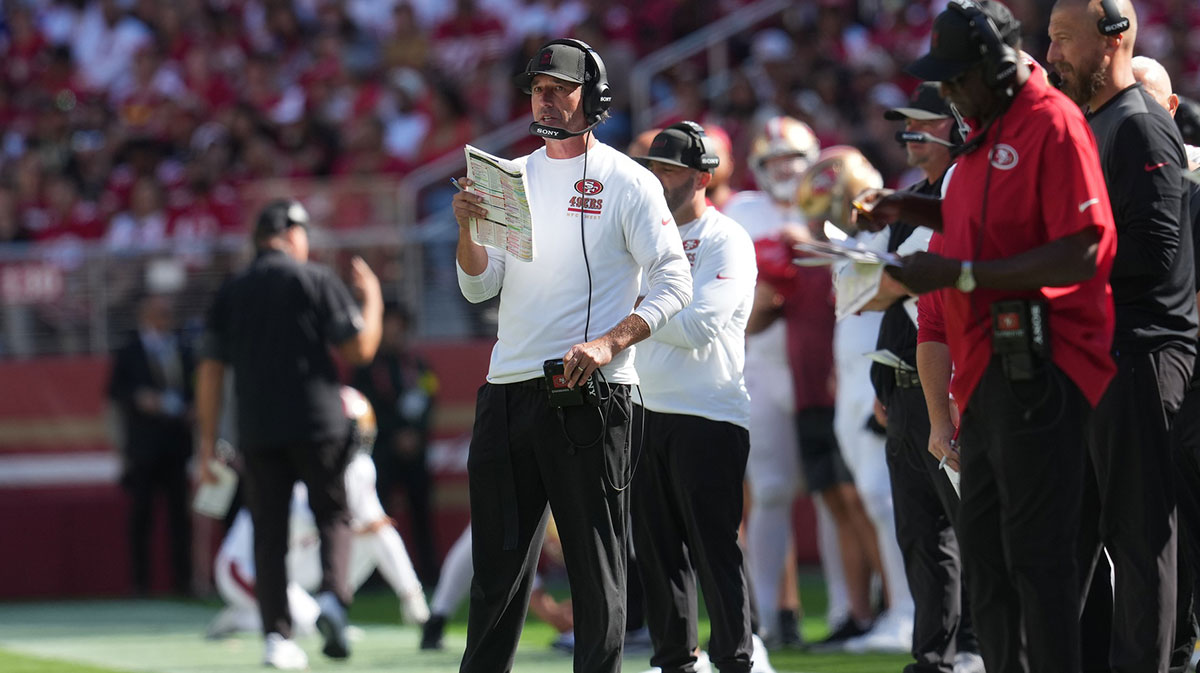 San Francisco 49ers head coach Kyle Shanahan on the sidelines against the Arizona Cardinals during the second half at Levi's Stadium.