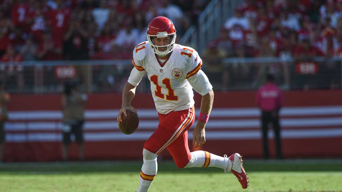 Kansas City Chiefs quarterback Alex Smith (11) looks for a receiver against the San Francisco 49ers during the third quarter at Levi's Stadium. The 49ers defeated the Chiefs 22-17.
