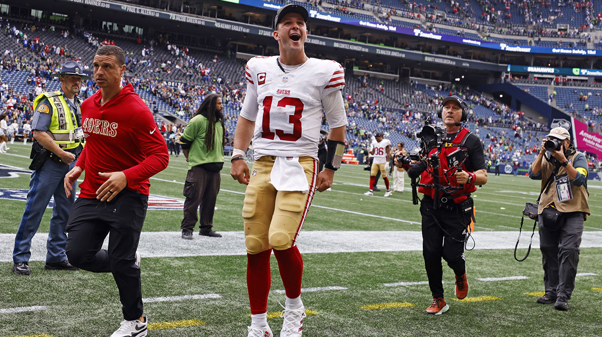 San Francisco 49ers quarterback Brock Purdy (13) reacts after the game against the Seattle Seahawks during the fourth quarter at Lumen Field.