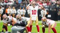 San Francisco 49ers quarterback Mac Jones (10) calls a play against the Las Vegas Raiders during the second quarter at Allegiant Stadium. Mandatory Credit: Stephen R. Sylvanie-Imagn Images