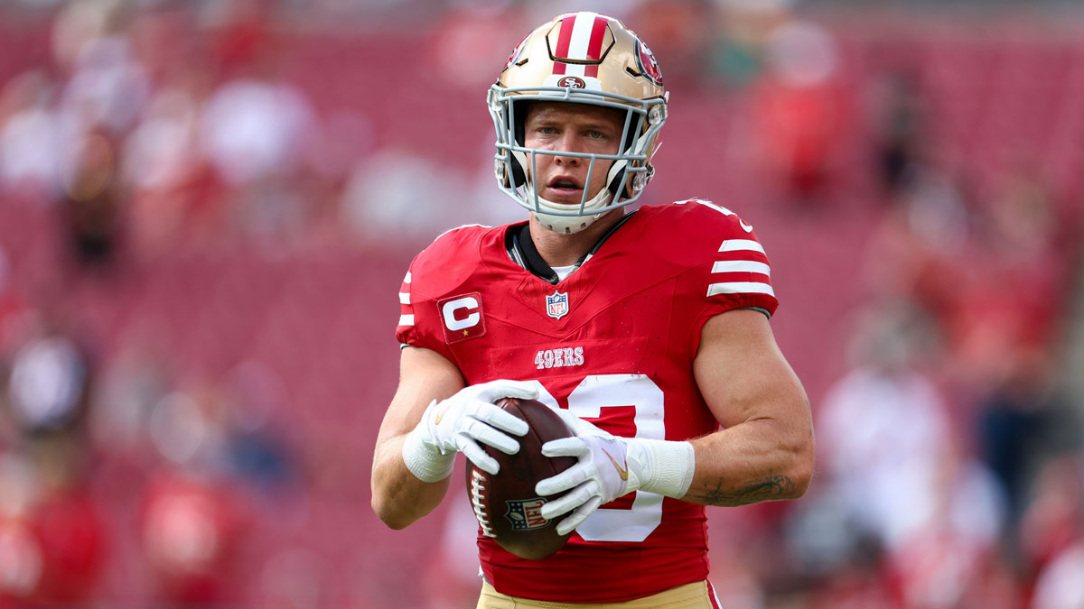 San Francisco 49ers running back Christian McCaffrey (23) warms up before a game against the Tampa Bay Buccaneers at Raymond James Stadium.