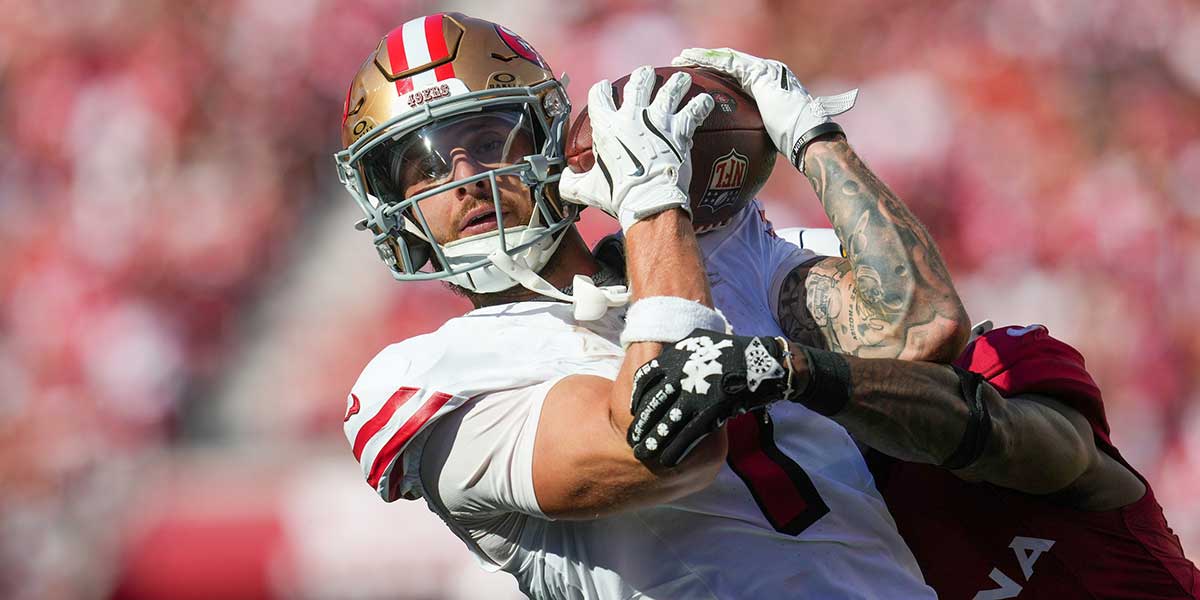 San Francisco 49ers wide receiver Ricky Pearsall (1) makes the catch against the Arizona Cardinals during the second half at Levi's Stadium.