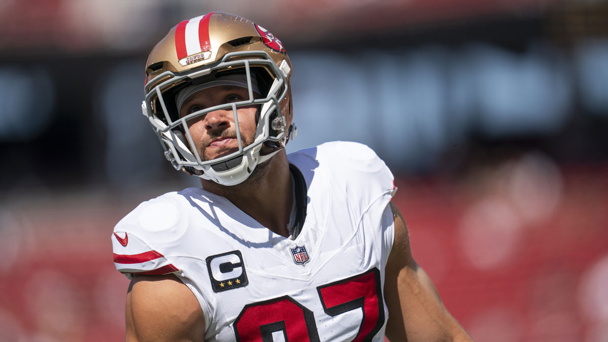 San Francisco 49ers defensive end Nick Bosa (97) on the field during warm ups prior to a game against the Arizona Cardinals during the first half at Levi's Stadium