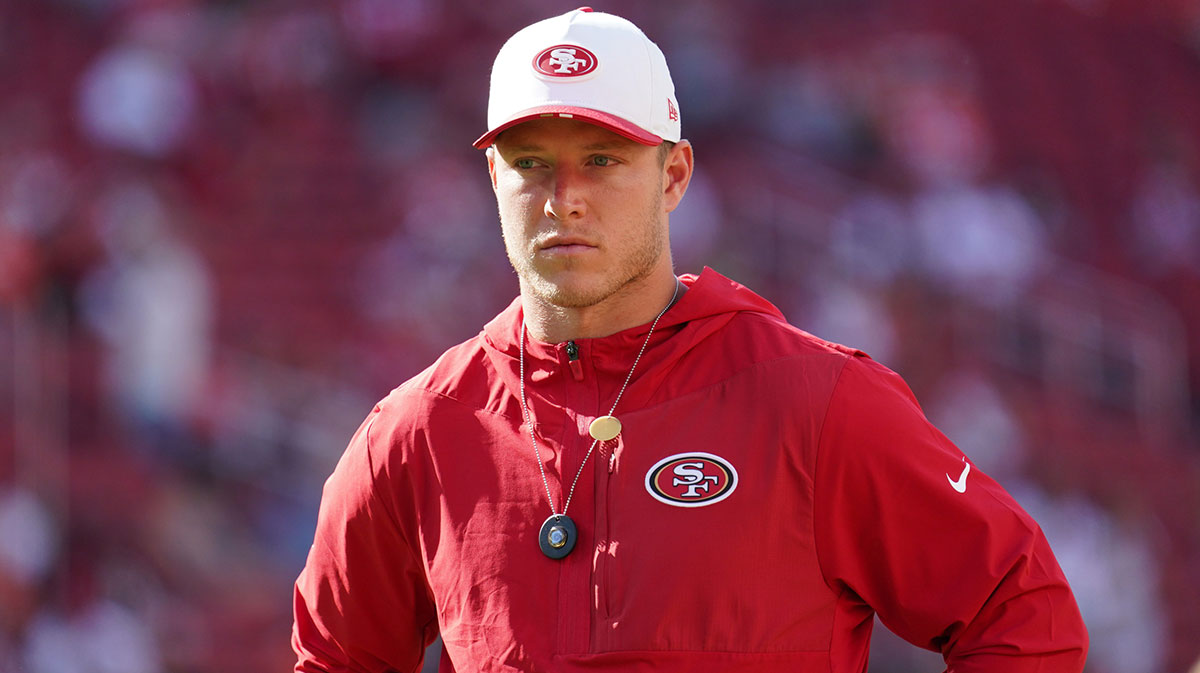 San Francisco 49ers running back Christian McCaffrey (23) watches warm ups before the game against the Denver Broncos at Levi's Stadium.