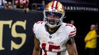 San Francisco 49ers wide receiver Jauan Jennings (15) reacts to scoring a touchdown against the New Orleans Saints during the second half at Caesars Superdome.
