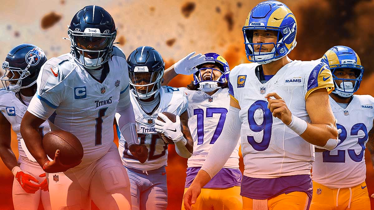 Matthew Stafford, Kyren Williams, Puka Nacua on one side, Cam Ward, Tony Pollard, Calvin Ridley on the other side, Lightning in the background