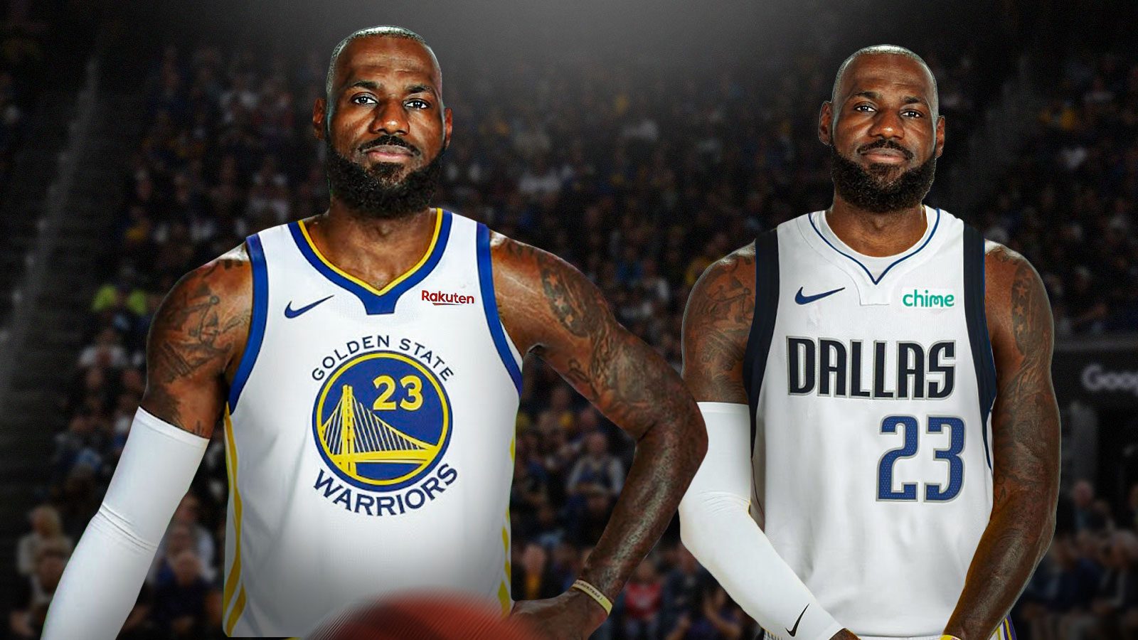 LeBron James photoshopped in Warriors jersey. LeBron James photoshopped in Mavericks jersey. Include his jersey number.