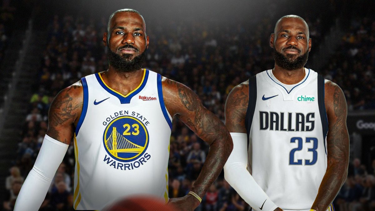 LeBron James photoshopped in Warriors jersey. LeBron James photoshopped in Mavericks jersey. Include his jersey number.