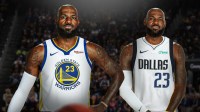 LeBron James photoshopped in Warriors jersey. LeBron James photoshopped in Mavericks jersey. Include his jersey number.