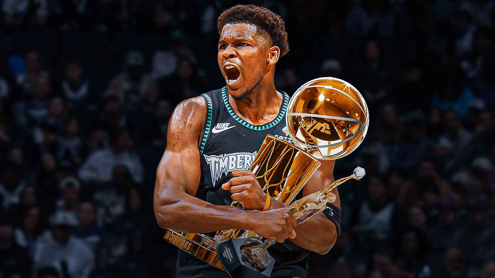 Anthony Edwards holding NBA MVP trophy and Larry O'Brien Trophy