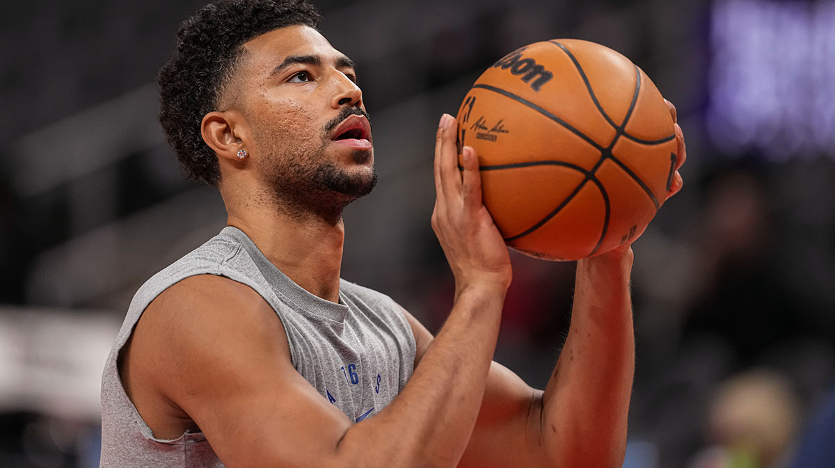 Philadelphia 76ers guard Quentin Grimes (5) on the court prior to the game against the Atlanta Hawks at State Farm Arena.