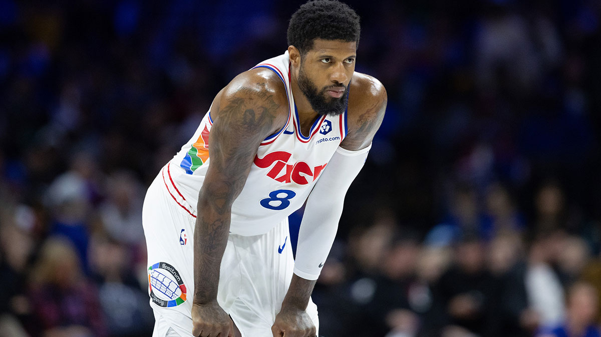 76ers forward Paul George (8) looks on against the Golden State Warriors during the second quarter at Wells Fargo Center