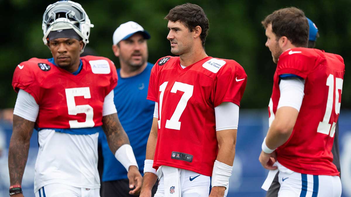 Indianapolis Colts quarterbacks Anthony Richardson Sr. (5), Daniel Jones (17) and Riley Leonard (15) prepare for drills Monday, July 28, 2025, during training camp held at Grand Park in Westfield.