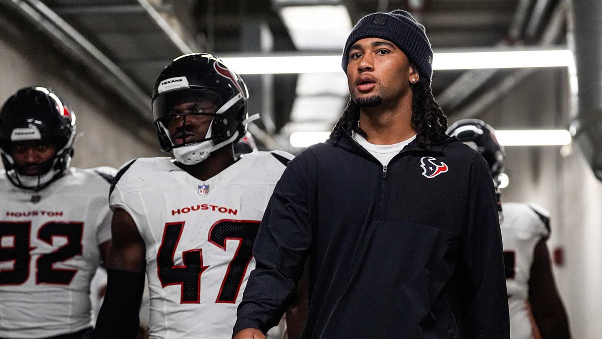 Houston Texans quarterback C.J. Stroud (7) walks out with teammates ahead of the game against Detroit Lions at Ford Field in Detroit on Saturday, August 23, 2025.