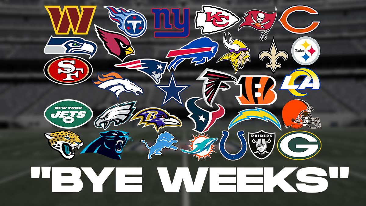 Background is all 32 NFL teams logos. "Bye Weeks" written front and center across graphic.