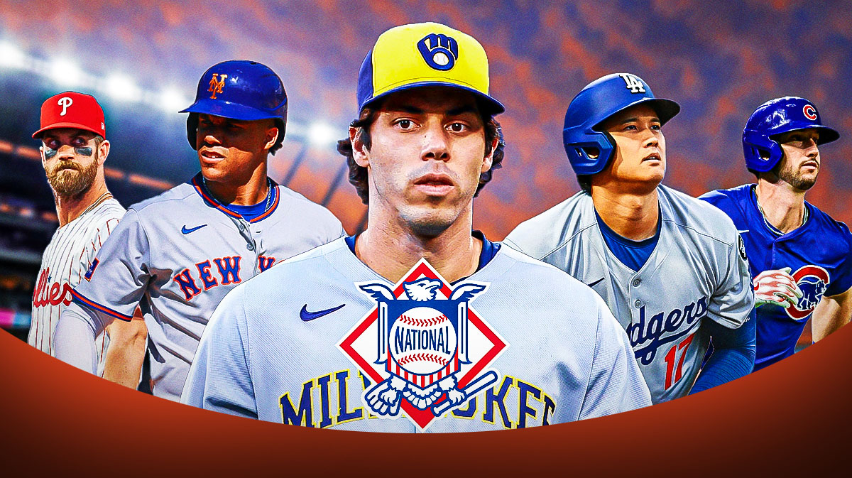 Christian Yelich, Shohei Ohtani, Kyle Tucker, Juan Soto, Bryce Harper all together with National League logo front and center.