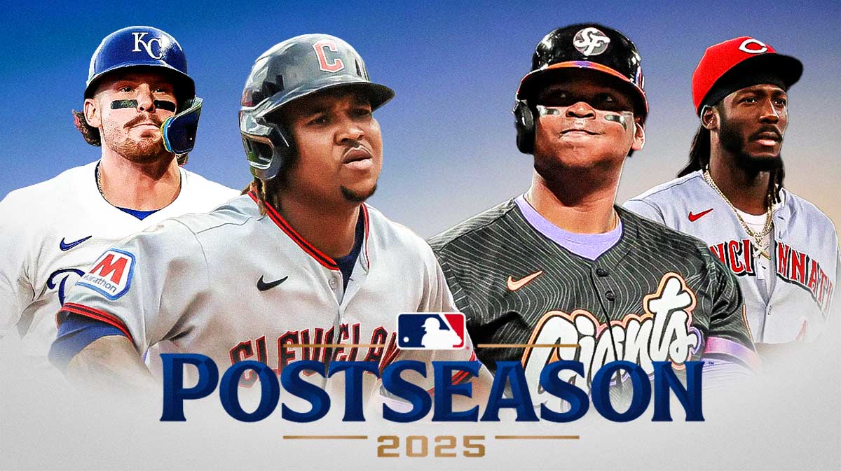 MLB postseason logo front and center. Around the graphic is Jose Ramirez, Bobby Witt Jr, Rafael Devers, Elly De La Cruz.