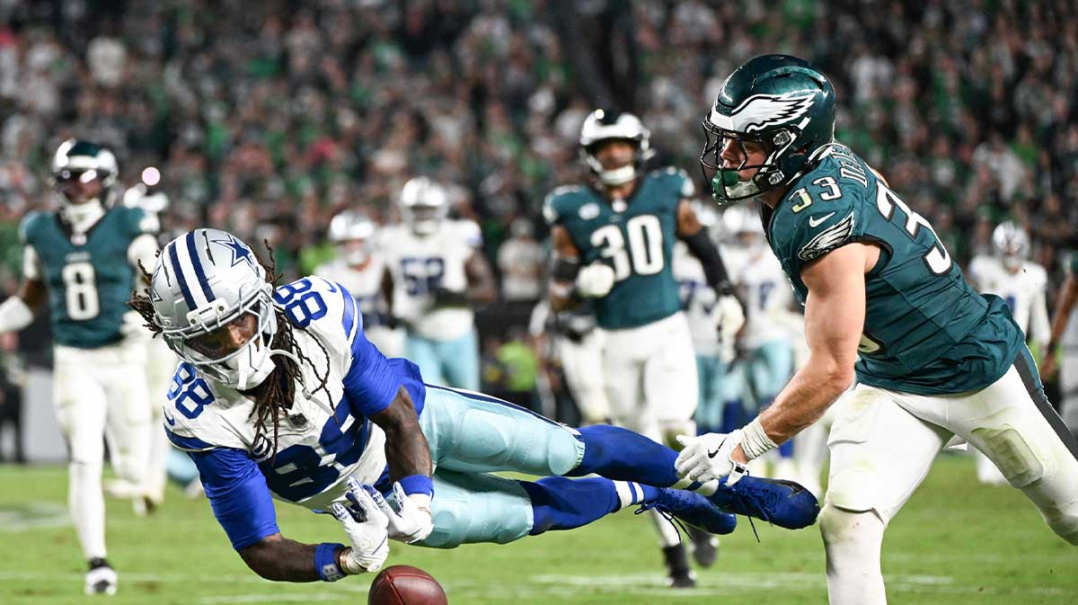 Dallas Cowboys wide receiver CeeDee Lamb (88) is unable to make a reception defended by Philadelphia Eagles cornerback Cooper DeJean (33) during the fourth quarter of the game at Lincoln Financial Field.