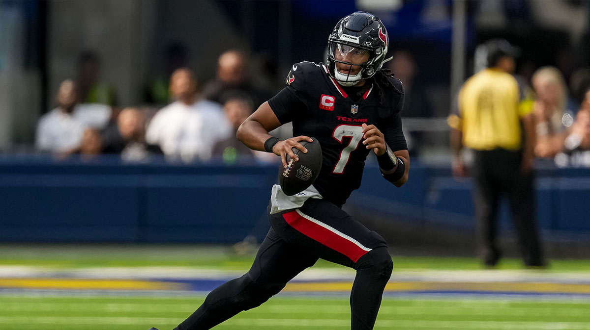 Houston Texans quarterback C.J. Stroud (7) looks for a receiver during the third quarter at SoFi Stadium.