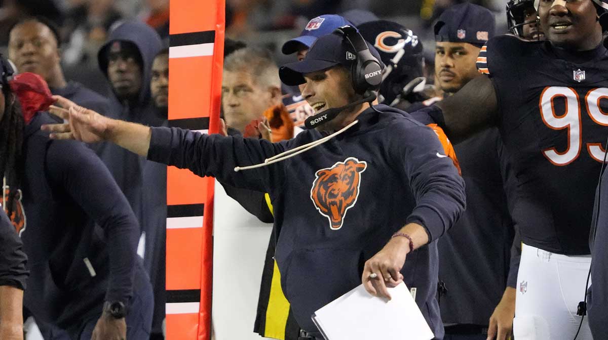 Chicago Bears head coach Ben Johnson reacts during the second half at Soldier Field.