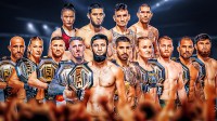 Tom Aspinall, Khamzat Chimaev, Magomed Ankalaev, Jack Della Maddelena, Ilia Topuria, Alexander Volkanovski, Merab Dvalishvili, Alexandre Pantoja, Valentina Shevchenko, Kayla Harrison all together with their UFC Championship belts. Also on the graphic is Islam Makhachev, Alex Pereira, Zhang Weili, Max Holloway without championship belts.