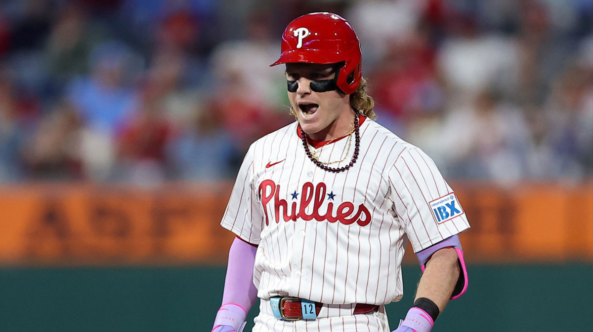 Philadelphia Phillies outfielder Harrison Bader (2) reacts after hitting a double during the second inning against the New York Mets at Citizens Bank Park.