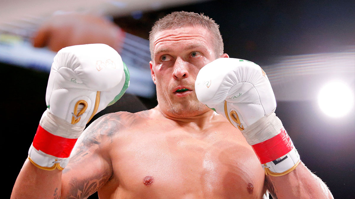 Oleksandr Usyk (white trunks) during his match against Chazz Witherspoon (not pictured) during a heavyweight boxing match at Wintrust Arena.
