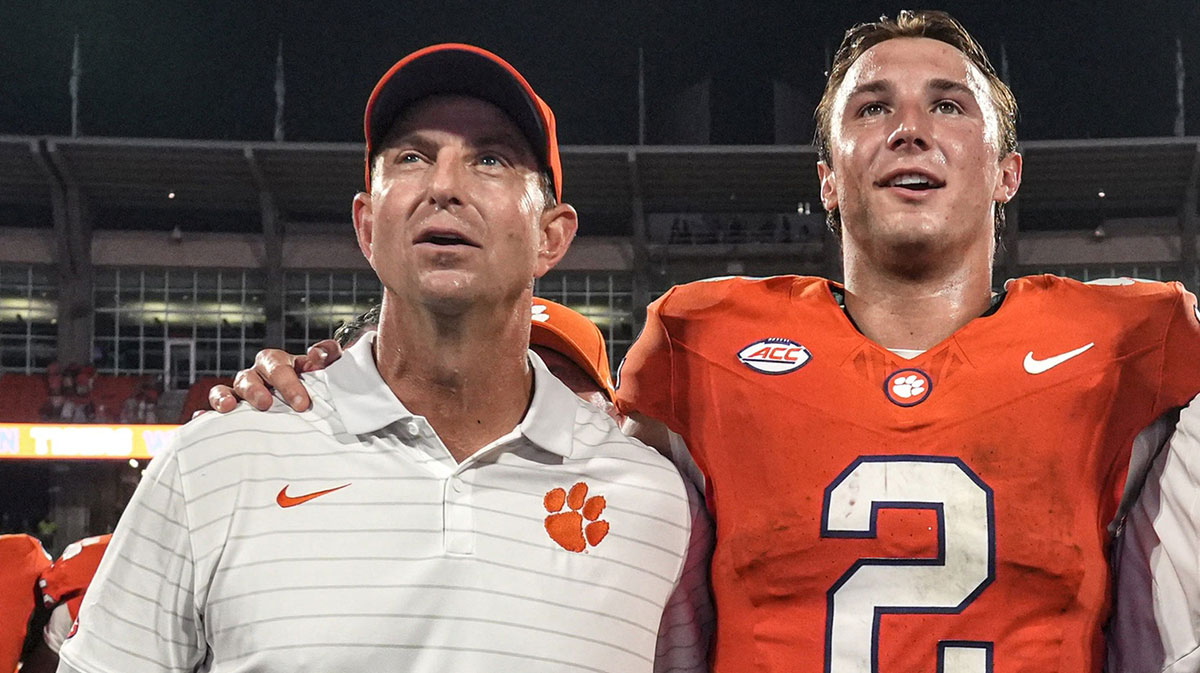Clemson head coach Dabo Swinney, left, and quarterback Cade Klubnik (2) after the game with Troy at Memorial Stadium Saturday, September 6, 2025 in Clemson, S.C.