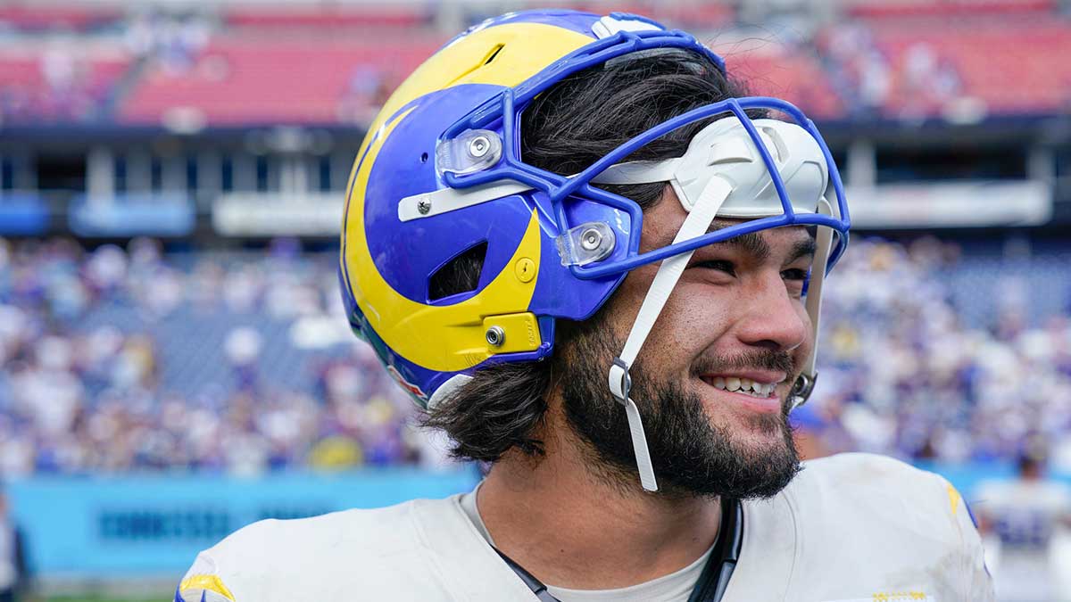 Los Angeles Rams wide receiver Puka Nacua (12) grins broadly after defeating the Tennessee Titans 33-19 at Nissan Stadium in Nashville, Tenn., Sunday, Sept. 14, 2025.