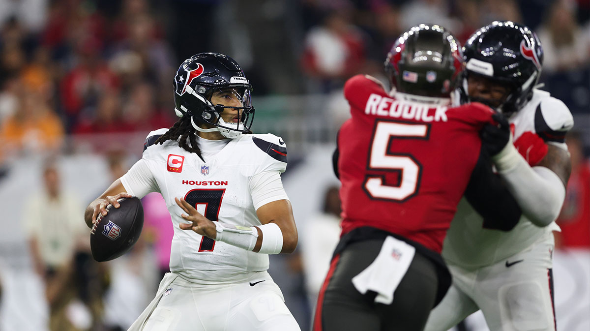 Houston Texans quarterback CJ Stroud (7) drops back to pass during the third quarter against the Tampa Bay Buccaneers at NRG Stadium.
